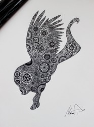 Size: 1600x2145 | Tagged: safe, artist:marzillas-art, fluttershy, pony, g4, ambiguous gender, black and white, flying, grayscale, monochrome, profile, silhouette, solo, spread wings, traditional art, zentangle