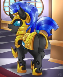 Size: 1500x1822 | Tagged: safe, artist:vavacung, changeling, comic:changeling-scout, armor, butt, cute, cuteling, dock, female, guardsmare, helmet, looking at you, looking back, open mouth, plot, raised hoof, raised leg, raised tail, royal guard, royal guard armor, smiling, solo, tail, tail wrap, the ass was fat, vavacung is trying to murder us