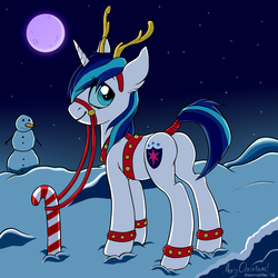 Size: 2000x2000 | Tagged: safe, alternate version, artist:meowcephei, shining armor, deer, pony, reindeer, unicorn, g4, anklet, antlers, bridle, butt, christmas, costume, gleaming shield, harness, headband, high res, night, plot, reins, rule 63, santa claus, snow, snowman, solo, tail wrap, winter, ych result