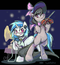 Size: 1600x1729 | Tagged: safe, artist:tyuubatu, dj pon-3, octavia melody, vinyl scratch, earth pony, pony, unicorn, a hearth's warming tail, g4, bipedal, duo, glasses, gramophone, hat, headphones, musical instrument, smiling, victrola scratch, violin
