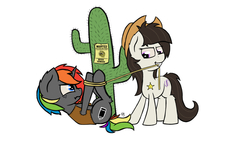 Size: 5120x2880 | Tagged: safe, artist:prismstreak, oc, oc only, oc:aggie, oc:krylone, pony, cactus, duo, high res, kryggie, mouth hold, rainbow hair, rope, saguaro cactus, simple background, tied up, tinyface, wanted poster, white background