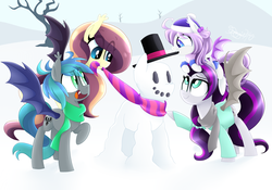 Size: 3000x2100 | Tagged: safe, artist:siggie740, oc, oc only, oc:lunar lily, oc:sweet hum, oc:swift edge, bat pony, pony, clothes, coat, cute, family, female, filly, high res, husband and wife, male, ocbetes, offspring, parent:oc:sweet hum, parent:oc:swift edge, parents:oc x oc, parents:sweetedge, scarf, siblings, sisters, snow, snowpony, sweetedge, winter outfit