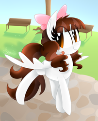 Size: 1700x2100 | Tagged: safe, artist:siggie740, oc, oc only, oc:jennabun, pegasus, pony, bow, cute, hair bow, ocbetes, park bench, pathway, smiling, solo, spread wings