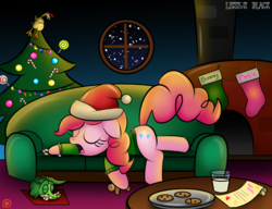 Size: 1300x1000 | Tagged: safe, artist:lennonblack, gummy, pinkie pie, g4, candy, candy cane, christmas stocking, christmas tree, clothes, cookie, food, gingerbread man, hat, letter, milk, night, patreon, patreon logo, santa hat, sleeping, sweater, tree