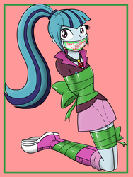 Size: 1600x2133 | Tagged: safe, artist:nivek15, sonata dusk, equestria girls, g4, arm behind back, bondage, boots, christmas, clothes, converse, cute, female, gag, gift wrapped, hands behind back, kneeling, ponytail, ribbon, shoes, skirt, socks, solo, tape gag, tied up