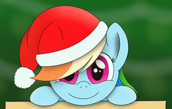 Size: 1697x1080 | Tagged: safe, artist:steam-loco, rainbow dash, pegasus, pony, g4, c:, christmas, cute, dashabetes, female, gradient background, hair over one eye, hat, leaning, looking at you, mare, santa hat, smiling, solo
