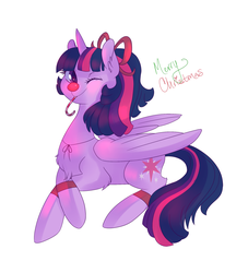 Size: 2200x2426 | Tagged: safe, artist:miss-cats, twilight sparkle, alicorn, pony, g4, bow, candy, candy cane, female, food, hair bow, high res, mouth hold, one eye closed, prone, red nose, simple background, solo, twilight sparkle (alicorn), white background, wink