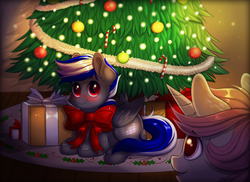 Size: 1920x1400 | Tagged: safe, artist:confetticakez, oc, oc only, pegasus, pony, unicorn, bow, candy, candy cane, christmas, christmas decoration, christmas tree, decoration, folded wings, food, holiday, horn, present, prone, ribbon, smiling, tree, wings