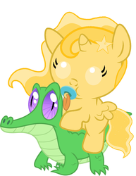 Size: 786x1017 | Tagged: safe, artist:red4567, gummy, oc, oc:favourite, alicorn, pony, derpibooru, g4, alicorn oc, baby, baby pony, cute, derpibooru ponified, meta, ocbetes, pacifier, ponies riding gators, ponified, riding