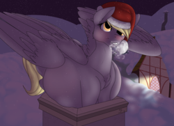 Size: 4000x2900 | Tagged: safe, artist:m-p-l, derpy hooves, pegasus, pony, g4, belly, big belly, blushing, chest fluff, chimney, female, hat, kicking, mare, pregnant, santa hat, snow, solo, stuck