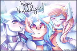 Size: 1637x1099 | Tagged: safe, artist:kurochhi, oc, oc only, earth pony, pegasus, pony, unicorn, clothes, female, happy holidays, male, mare, one eye closed, scarf, stallion, wink