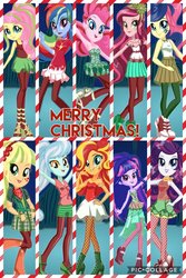Size: 1024x1536 | Tagged: safe, artist:gouhlsrule, applejack, bon bon, fluttershy, gloriosa daisy, lyra heartstrings, pinkie pie, rainbow dash, rarity, sunset shimmer, sweetie drops, twilight sparkle, human, equestria girls, g4, boots, christmas, clothes, fishnet stockings, hand on hip, high heel boots, high heels, holiday, humane five, humane seven, humane six, lipstick, looking at you, mary janes, merry christmas, pantyhose, pose, poses, shoes, shorts, skirt