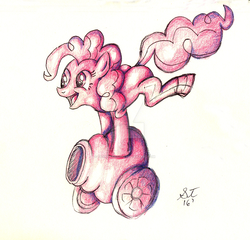 Size: 1024x981 | Tagged: safe, artist:tenshihoshino, pinkie pie, earth pony, pony, g4, female, monochrome, party cannon, simple background, sketch, solo, white background