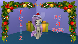 Size: 1024x576 | Tagged: safe, artist:juanjobelic, fluttershy, pony, g4, 3d, female, holly, solo, spanish, watermark
