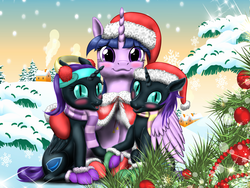 Size: 2000x1500 | Tagged: safe, artist:vasillium, twilight sparkle, oc, oc:nox (rule 63), oc:nyx, alicorn, pony, g4, :3, alicorn oc, blushing, christmas, christmas cape, christmas decoration, christmas stocking, christmas tree, clothes, cutie mark, ear warmers, hat, house, rule 63, santa hat, scarf, self ponidox, side hug, smoke, snow, tree, twilight sparkle (alicorn), twins, winter