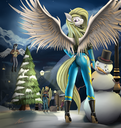 Size: 1400x1480 | Tagged: safe, artist:kasaler, ms. harshwhinny, soarin', spitfire, surprise, pegasus, anthro, g4, ass, butt, carrot, christmas tree, clothes, ear fluff, flying, food, hat, high heels, looking at you, night, offscreen character, platform heels, scarf, shoes, snow, snowman, solo focus, spread wings, stiletto heels, surprisamena, the ass was fat, top hat, tree, winter, wonderbolts uniform