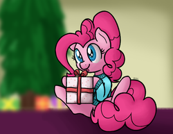 Size: 1619x1251 | Tagged: safe, artist:mang, pinkie pie, earth pony, pony, g4, christmas, christmas tree, female, present, solo, tongue out, tree