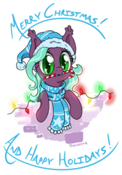 Size: 840x1200 | Tagged: safe, artist:tehflah, oc, oc only, oc:wicked ways, bat pony, pony, candy, candy cane, clothes, cute, food, hat, merry christmas, mouth hold, scarf, simple background, solo, transparent background