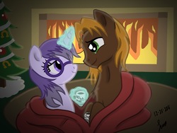 Size: 4032x3024 | Tagged: safe, artist:darkest-lunar-flower, oc, oc only, oc:glass sight, oc:mellow rhythm, pony, unicorn, chocolate, christmas, christmas tree, fireplace, food, hearth's warming, high res, hot chocolate, levitation, looking at each other, love, magic, male, melsight, shipping, straight, telekinesis, tree