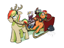 Size: 1280x960 | Tagged: safe, artist:captainhoers, oc, oc only, oc:atom smasher, oc:ivy bells, oc:rainbow code, oc:satellite sam, deer, earth pony, pegasus, pony, reindeer, unicorn, fallout equestria, fallout equestria: make love not war, goggles, red nose, reindeer antlers, reins, sleigh