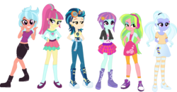 Size: 1251x655 | Tagged: safe, artist:berrypunchrules, artist:selenaede, frosty orange, indigo zap, lemon zest, sour sweet, sugarcoat, sunny flare, equestria girls, g4, base used, belly button, midriff, shadow five