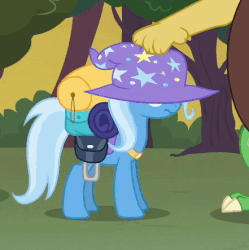 Size: 441x443 | Tagged: safe, screencap, discord, trixie, pony, unicorn, g4, to where and back again, animated, bag, clothes, female, gif, head pat, mare, pat, patting, solo focus, trixie is not amused, trixie's hat, unamused, unhappy