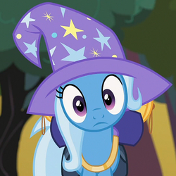 Size: 540x540 | Tagged: safe, screencap, trixie, pony, unicorn, g4, to where and back again, bag, clothes, cropped, female, looking at you, mare, solo, trixie's hat