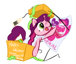 Size: 593x505 | Tagged: safe, artist:obsidiansolitaire, oc, oc only, oc:marker pony, pony, 4chan, boop, christmas, mlpg, present, solo