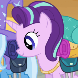 Size: 508x509 | Tagged: safe, screencap, starlight glimmer, trixie, pony, unicorn, g4, season 6, to where and back again, animated, bag, blinking, clothes, cute, female, gif, glimmerbetes, looking down, mare, solo focus, trixie's hat
