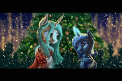 Size: 1771x1181 | Tagged: safe, artist:plainoasis, princess luna, queen chrysalis, g4, christmas, christmas tree, duo, glowing horn, horn, implied lesbian, implied shipping, looking at each other, one eye closed, reformed, s1 luna, snow, snowfall, tree, wink