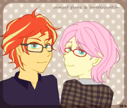 Size: 650x550 | Tagged: safe, artist:prk, fluttershy, sunset shimmer, human, equestria girls, g4, bishonen, butterscotch, clothes, equestria guys, genius, glarescotch, glasses, male, pixiv, pretty boy, rule 63, ship:sunshyne, shipping, sunset glare