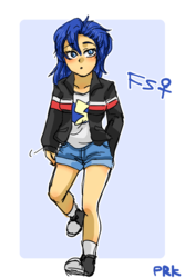 Size: 500x750 | Tagged: safe, artist:prk, flash sentry, equestria girls, g4, blushing, clothes, converse, equestria guys, flare warden, male, pixiv, rule 63, shoes, shorts, solo, tomboy