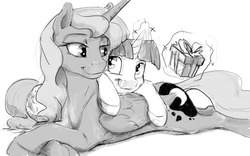 Size: 1280x800 | Tagged: safe, artist:silfoe, princess luna, twilight sparkle, alicorn, pony, g4, cute, female, glowing horn, grayscale, horn, lesbian, lunabetes, magic, monochrome, present, ship:twiluna, shipping, silfoe is trying to murder us, telekinesis, twiabetes, twilight sparkle (alicorn)