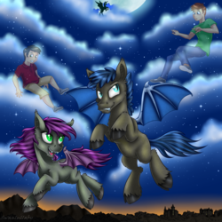 Size: 900x900 | Tagged: safe, artist:swanlullaby, princess luna, oc, bat pony, human, pony, g4, cloud, commission, flying, moon, night, night sky, rule 63, spread wings, stars