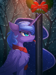 Size: 1610x2125 | Tagged: safe, artist:yakovlev-vad, princess luna, alicorn, pony, annoyed, cheek fluff, chest fluff, christmas, clothes, ear fluff, eyeshadow, female, flag pole, fluffy, frozen, ice, icicle, lamppost, licking, makeup, metal, nightmare luna, pole, scarf, shoulder fluff, slim, slit pupils, snow, snowfall, solo, stuck, tongue out, tongue stuck to pole, wing fluff, winter, winter coat, wreath