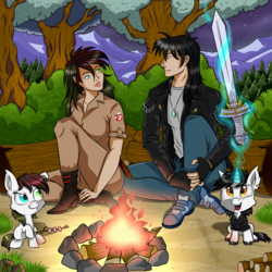 Size: 1000x1000 | Tagged: safe, artist:swanlullaby, oc, oc only, human, campfire, clothes, forest, glowing horn, horn, humanized, humanized oc, jewelry, magic, mountain, pendant, sword, weapon