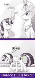 Size: 740x1627 | Tagged: safe, artist:deusexequus, princess celestia, twilight sparkle, alicorn, pony, ask the princess of friendship with benefits, g4, comic, dialogue, female, holly, holly mistaken for mistletoe, lesbian, mare, mistletoe abuse, monochrome, partial color, ship:twilestia, shipping, speech bubble, twilight sparkle (alicorn)