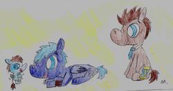 Size: 2256x1192 | Tagged: safe, artist:ptitemouette, doctor whooves, star hunter, time turner, oc, oc:time vortex, pony, g4, baby, baby pony, parent:doctor whooves, parent:star hunter, parents:stardoc, shipping, traditional art