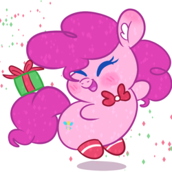 Size: 900x900 | Tagged: safe, artist:dailypinkiepie, pinkie pie, earth pony, pony, g4, blushing, bowtie, chibi, christmas, chubby, chubby cheeks, clothes, cute, diapinkes, ear fluff, eyes closed, female, happy, jumping, present, simple background, smiling, socks, solo, white background