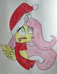 Size: 1413x1820 | Tagged: safe, artist:floral-note, angel bunny, fluttershy, g4, bust, candy, candy cane, clothes, duo, eyes closed, food, hat, looking up, portrait, santa hat, scarf, sitting on head, smiling, traditional art