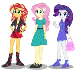 Size: 1903x1783 | Tagged: dead source, safe, artist:drewmwhit, fluttershy, rarity, sunset shimmer, equestria girls, g4, boots, clothes, college, cute, dress, hairpin, hand on hip, handbag, high heel boots, high heels, jacket, leather jacket, looking at you, mary janes, outfits, shoes, simple background, skirt, smiling, transparent background, trio