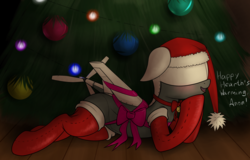Size: 2560x1637 | Tagged: safe, artist:jh, oc, oc only, oc:droner, original species, plane pony, pony, predator drone, bell, bell collar, blushing, bow, christmas, christmas tree, clothes, collar, hat, hearth's warming, plane, ribbon, santa hat, solo, stockings, tree