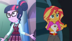 Size: 1868x1066 | Tagged: safe, screencap, sci-twi, sunset shimmer, twilight sparkle, equestria girls, g4, my little pony equestria girls: friendship games, my little pony equestria girls: legend of everfree, clothes, crystal prep academy, crystal prep academy uniform, glasses, necktie, school uniform, schoolgirl