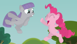 Size: 3518x2027 | Tagged: safe, artist:porygon2z, maud pie, pinkie pie, earth pony, pony, g4, duo, happy, high res, jumping, missing accessory, out of character, tree, vector, when she smiles