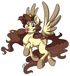 Size: 1600x1741 | Tagged: safe, artist:dragonfoxgirl, oc, oc only, pegasus, pony, female, looking at you, mare, one eye closed, simple background, solo, spread wings, tongue out, transparent background, wink