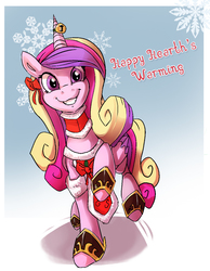 Size: 902x1161 | Tagged: safe, artist:lummh, princess cadance, alicorn, pony, g4, bow, christmas, clothes, collar, cute, cutedance, female, grin, hair bow, happy, hearth's warming, jingle bells, looking at you, raised hoof, smiling, solo