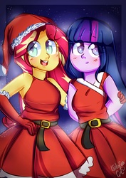 Size: 2480x3507 | Tagged: safe, artist:isolation-girl, sunset shimmer, twilight sparkle, equestria girls, g4, blushing, clothes, costume, cute, duo, evening gloves, gloves, hat, high res, implied shipping, implied sunsetsparkle, santa costume, santa hat, skirt