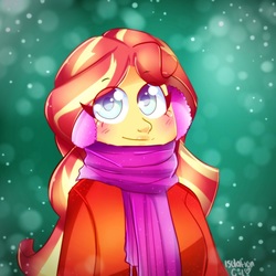 Size: 1024x1024 | Tagged: dead source, safe, artist:isolation-girl, sunset shimmer, equestria girls, g4, blushing, clothes, earmuffs, female, looking at you, scarf, snow, snowfall, solo