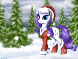 Size: 2048x1536 | Tagged: safe, artist:pony-stark, rarity, pony, unicorn, g4, clothes, costume, female, forest, hat, santa costume, santa hat, snow, snowfall, socks, solo