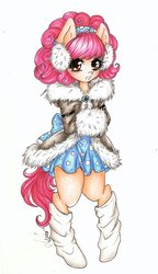 Size: 1024x1778 | Tagged: safe, artist:bunnywhiskerz, oc, oc only, oc:sock hop, anthro, blushing, clothes, cute, earmuffs, jacket, muff, ocbetes, simple background, skirt, socks, solo, traditional art, white background